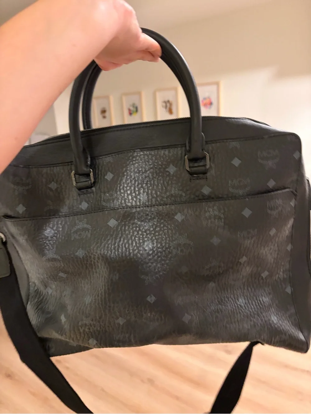 MCM Black Visetos Logo Leather Briefcase with Detachable Strap